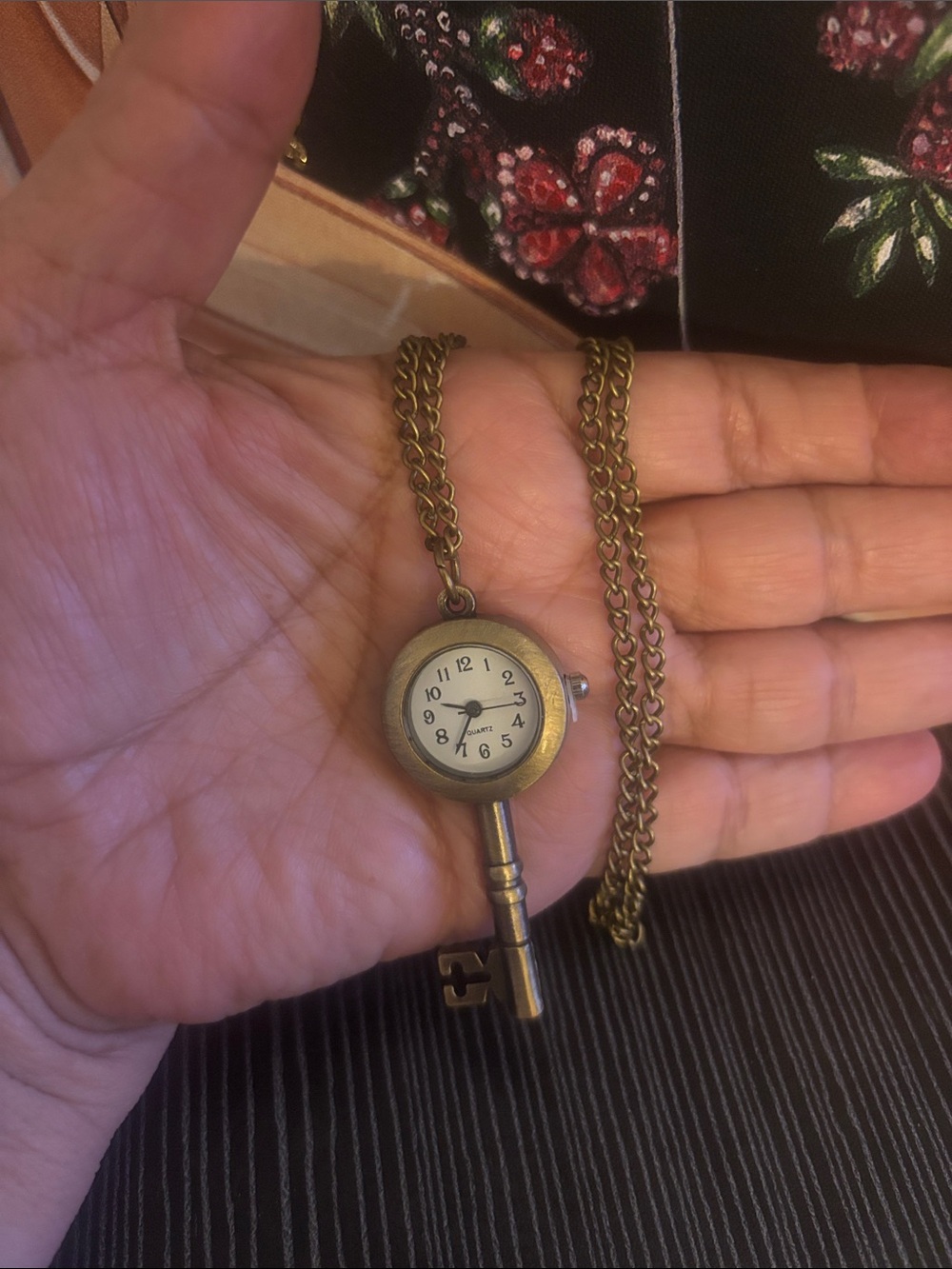 Antique Brass Key Pendant Watch Necklace - Brass Color